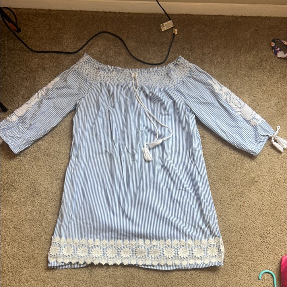 Blue Striped Off-Shoulder Top with Lace Trim